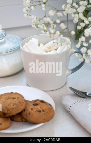 Gypsophila bouquet sur la fenêtre dans un vase de verre au crépuscule. Banque D'Images