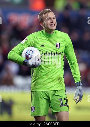 Fulham gardien Marek Rodak réagit au cours de la Sky Bet Championship match au Liberty Stadium, Swansea. Banque D'Images