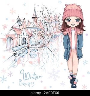 Vector cute baby girl in winter clothes sur canal de Bruges avec de belles maisons médiévales et l'église à Bruges, Belgique Illustration de Vecteur