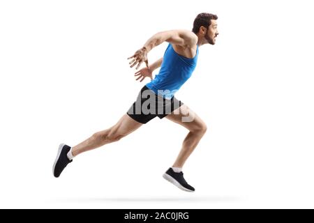 Profil de toute la longueur d'un homme musclé fort courir vite isolé sur fond blanc Banque D'Images