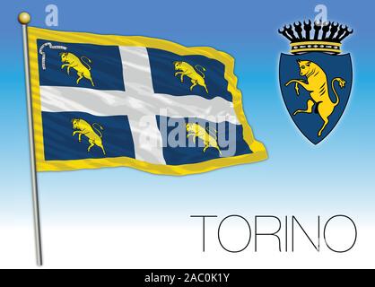 Torino - Turin ville drapeau officiel et d'armoiries, Piémont, Italie, vector illustration Illustration de Vecteur