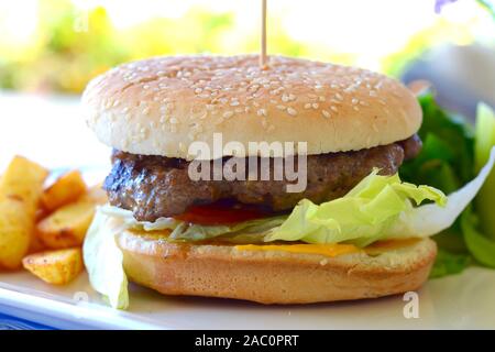 Maison DE BOEUF FAIT BURGER dans un pain blanc ensemencé et la garniture de salade Banque D'Images