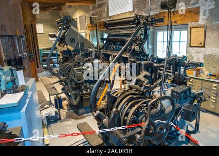 Suisse, Fribourg, Musée Musée Gutenberg, studio utilisé pour l'enseignement dans la fabrication et l'impression d'impression, de presse motorisée Banque D'Images