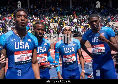 Michael Cherry, Je'Von Hutchison, Dontavius Mylik Kerley et Wright (USA) winner USA vs le monde Hommes 4x400m au relais 2019 Penn . Banque D'Images