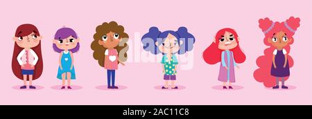 Groupe d'animation de personnages de dessins animés de petites filles avec différents gestes face vector illustration Illustration de Vecteur