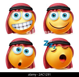 Émoticônes smiley arabe Arabie vector set. Émoticônes smiley arabe Arabie avec coin couchage, surprise et heureuse d'expressions caractère avatar collection. Illustration de Vecteur