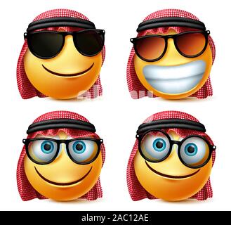 Arabe Arabie smiley emoticon lunettes vector set. Emirats arabes smiley face portant des lunettes de soleil et lunettes en souriant, joyeux et heureux de l'expression du visage. Illustration de Vecteur