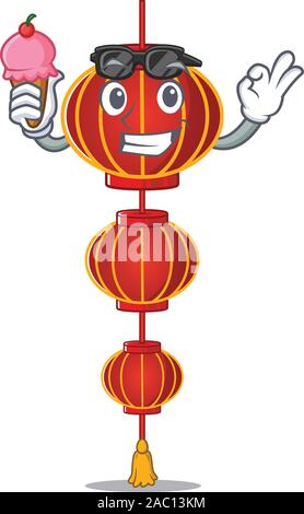 Cartoon Mascot avec luminaire lampe chinoise avec de la crème glacée Illustration de Vecteur