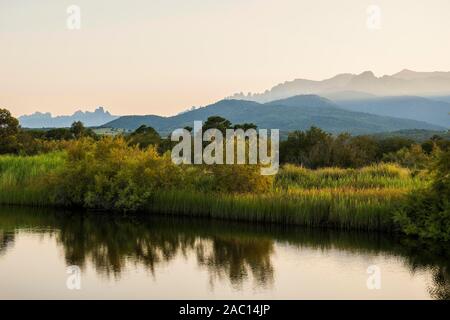 Lagon et montagne, Coucher de soleil, Solenzara, Haute-Corse, Corse, France Banque D'Images