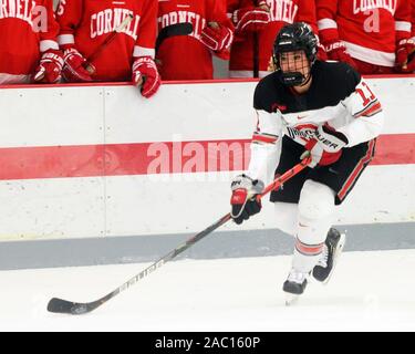 Columbus, Ohio, USA. 29 Nov, 2019. Ohio State Buckeyes Tatum avant Skaggs (11) s'occupe de la rondelle contre Cornell dans leur jeu à Columbus, Ohio. Brent Clark/CSM/Alamy Live News Banque D'Images