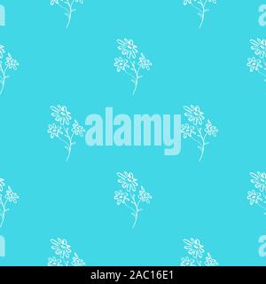 Seamless pattern dessiné à la main des fleurs de camomille abstrait isolé sur fond bleu. Vector illustration floral. Doodle mignon isolés moderne pop art Illustration de Vecteur