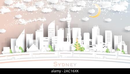 Australie Sydney City Skyline in Paper Cut Style avec des flocons, de la lune et des néons Garland. Vector Illustration. Noël et Nouvel An Concept. Illustration de Vecteur