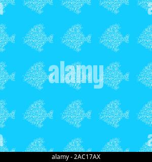Motif de la mer transparente résumé poisson isolé sur fond bleu. Illustration parfaite à la main. Contour. Illustration de Vecteur