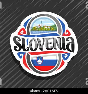 Logo Vector pour la Slovénie, pays aimant frigo avec drapeau de l'état slovène, pinceau original typeface pour mot la Slovénie et national symbole slovène - P Illustration de Vecteur