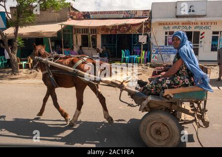 L'Éthiopie et de la vallée du Rift, le transport local, l'homme et la femme sur le cheval tiré panier sur route - Addis-Abeba Hawassa Banque D'Images