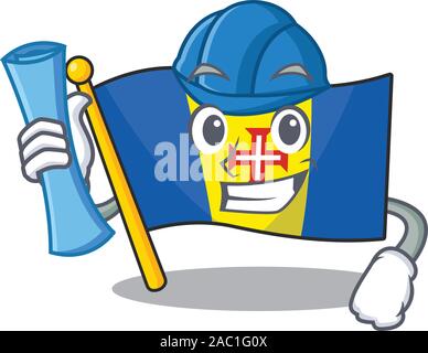 Cheerful Architect madère drapeau cartoon style holding blue prints Illustration de Vecteur