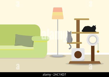 Arbre de chat avec griffoir et cat house dans une chambre Illustration de Vecteur