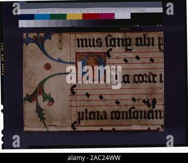 Capot avant, grande première sur champ d'or, avec des vignes jusqu'à la frontière, et de la musique dans la liste de Ricci, Seymour, recensement des manuscrits du Moyen Âge et de la Renaissance dans les États-Unis et le Canada. New York. N.Y. : H.W. Wilson, 1935 ; et garanti, New York, N.Y. : Bibliographical Society of America, 1962. Actionnariat : R.L. Stuart collection (no. 13871), léguée en 1892. 42-5 en deux colonnes, a statué en crayon foncé, prickings et certains mots clés visibles. Note également du contenu dans des marges plus faibles. Conseils moderne recouvert de feuille à partir du livre de choeur. Au niveau des ouvertures de livres, grandes lettrines rouges et bleues wit Banque D'Images
