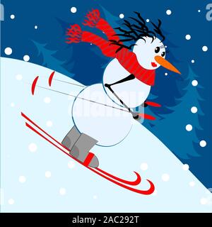 Carte carré - Bonhomme de fille dans une écharpe rouge est le ski, qu'il neige Illustration de Vecteur