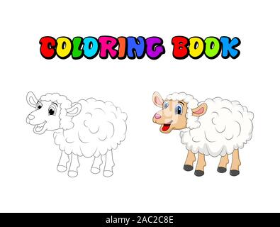 Cute Cartoon moutons blancs pages de coloriage , Mouton debout ferme .pour concept. Vector illustration isolé sur fond blanc Illustration de Vecteur