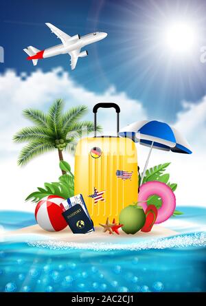 Le temps du voyage été plage vacances locations affiche ou une bannière design réaliste vector illustration concept. assurance valise, pasport, signes des billets Illustration de Vecteur