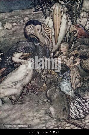 Arthur Rackham est l'illustration pour l'édition 1907 de Lewis Carroll, ALICE AU PAYS DES MERVEILLES - 'ils sont tous entassés autour haletant et demander, "mais qui a gagné ?'' Banque D'Images