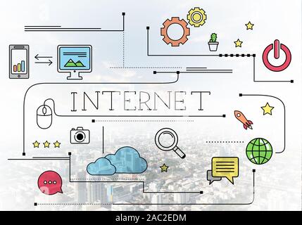 Connexion Internet avec signes médias croquis Banque D'Images