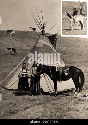 Historique de 1930 photo d'un Indien de l'Amérique du tipi. parfois dénommé un wigwam, wetu ou wikiup. L'encart est une photographie montrant la construction interne Banque D'Images