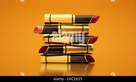 Le rouge à lèvres sur un fond jaune. Le tube, flacon, lèvres, maquillage, style, beauté, maquillage, soins du visage Les cosmétiques le rendu 3d 3d illustration Banque D'Images