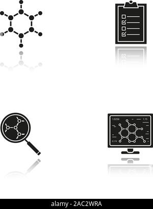 Laboratoire de sciences de l'ombre portée des icônes noires. Molécule, ordinateur, laboratoire d'analyse de la structure moléculaire, des tests de vérification. Illustrations vectorielles Illustration de Vecteur