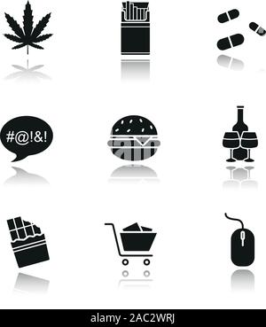 L'ombre portée de la toxicomanie icônes noires. Tabac, drogues, de l'alimentation, de jurons, de shopping, d'ordinateurs, de l'alcoolisme. La marijuana, cigarettes, pilules, burger, chocola Illustration de Vecteur