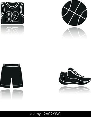 Basket-ball drop shadow black icons set. Ball, chaussure, t-shirt, short. L'uniforme de joueur de basket-ball. Illustrations vectorielles Illustration de Vecteur