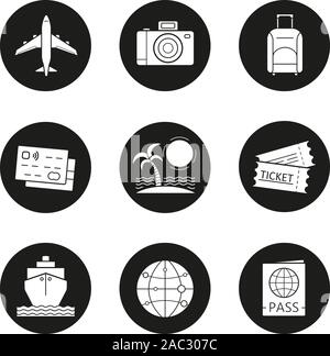 Locations et voyage icons set. Les cartes de crédit, île tropicale, globe, bateau de croisière, passeport, voyage en avion, photo, caméra de Suitcase et de billets. Vecto Illustration de Vecteur