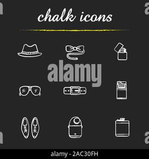 Chalk Men's icons set. Homburg hat, papillon noeud papillon, flip-cigares, lunettes, ceinture de cuir et chaussures, cigarette, sac d'épaule, de la hanche Illustration de Vecteur