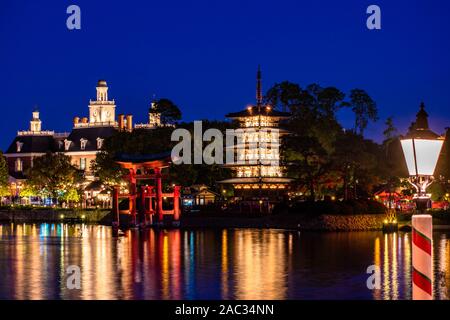 Orlando, Floride . 18 novembre, 2019. Belle vue de l'aventure américaine et le Japon des pavillons à Epcot Banque D'Images