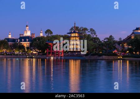 Orlando, Floride . 18 novembre, 2019. Vue panoramique de l'aventure américaine et le Japon des pavillons à Epcot Banque D'Images