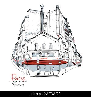 Vector dessin à la main. Maison typique de parisain avec cafe, Paris, France. Illustration de Vecteur