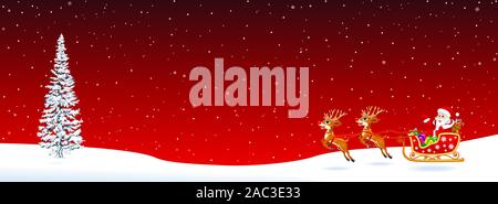 Père Noël sur un traîneau avec des cerfs sur un fond rouge. Epicéa, flocons, neige. La nuit de Noël. Santa se félicite. Illustration de Vecteur