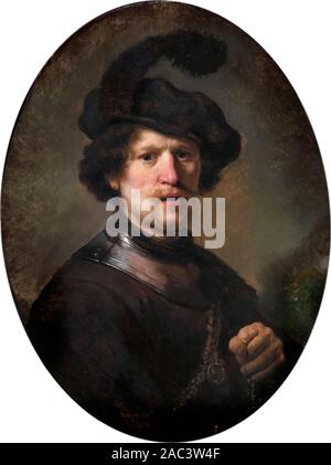 Un homme portant un béret à plumes et orné par l'atelier de Rembrandt van Rijn (1606-1669), huile sur panneau de chêne, mi années 1630. Ce portrait a été peint par l'un des élèves de Rembrandt Rembrandt et le gardien est lui-même. Banque D'Images