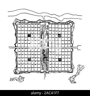 Plan d'urbanisme d'une ville, vieux village. Doodle plan de la ville. Ville vecteur dessin. Plan des rues. Mégalopole futuriste Base Ville Plan. Illustration de Vecteur