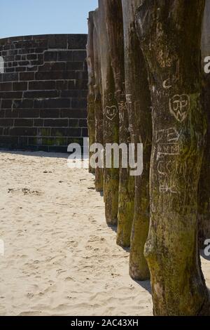 18-07-23 Saint Malo, France - piquets en bois poignardé sur une plage de la ville Banque D'Images