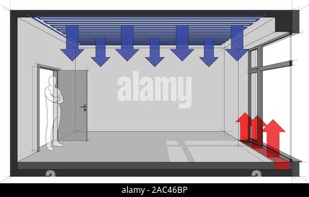 Illustration 3d de chambre avec porte et fenêtre et français grand homme debout dans la porte ouverte et plafond et plancher de refroidissement pour le chauffage convecteur Illustration de Vecteur