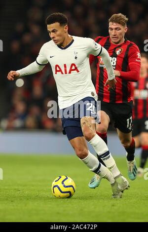 Le milieu de terrain de Tottenham au cours de l'Alli Dele Barclays Premier League match entre Tottenham Hotspur et Bournemouth au Tottenham Hotspur Stadium, Londres, Angleterre. Le 30 novembre 2019. (Photo par AFS/Espa-Images) Banque D'Images