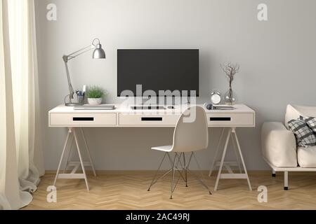 Bureau avec écran d'ordinateur. Lieu de travail dans le studio ou à la maison avec mur blanc. Masque autour de l'affichage Banque D'Images