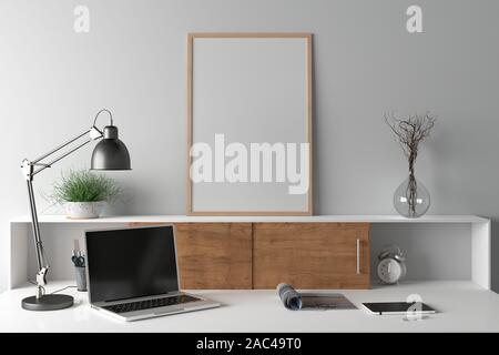 Espace de travail avec la maquette de l'affiche de la verticale sur le bureau. Bureau avec tiroirs à l'intérieur de l'atelier ou à la maison avec mur blanc. Chemin de détourage autour de poste Banque D'Images