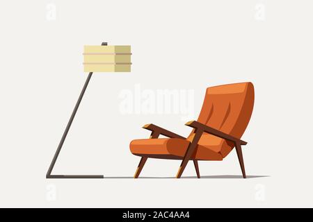 Vieux orange fauteuil moderne avec lampe Illustration de Vecteur