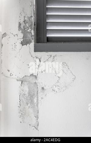 Mur peint peeling, texture, grunge fond fissuré, avec peinture murale blanche avec fenêtre. Banque D'Images