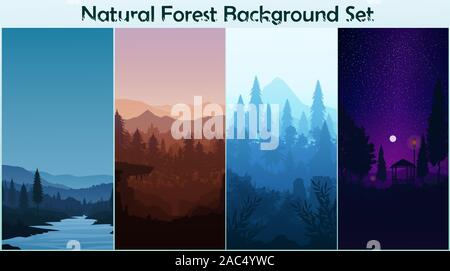 Pinède naturelle horizon montagne Paysage de papier peint set Lever et coucher de soleil style vector Illustration arrière-plan de la vue en couleur Illustration de Vecteur