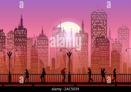 Centre-ville city wallpaper le soir au coucher du soleil paysage de papier peint style vector illustration couleur arrière-plan vue du soleil Illustration de Vecteur