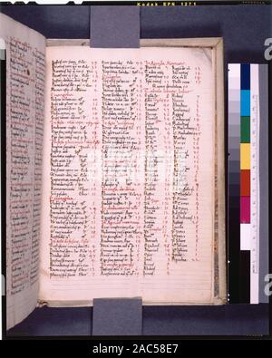 Part 8, page de tabula, énumérés à l'explicite, Seymour De Ricci, recensement des manuscrits du Moyen Âge et de la Renaissance dans les États-Unis et le Canada. New York. N.Y. : H.W. Wilson, 1935 ; et garanti, New York, N.Y. : Bibliographical Society of America, 1962. Actionnariat : Astor collection. 31-6 de longues lignes de texte principal, a statué au crayon. Dans l'index (ff. 438-40), 49 lignes dans trois colonnes. Prickmark occasionnels et index visible. 8 scribes ? De Ricci, 1319. Tableau par M. G.B. Guest. Remarque dans le manuscrit fort. M. Guest Services in ms à la 14e ou 15e siècle peut-être. La foliation rouge précise qu'f. 46 ; th Banque D'Images